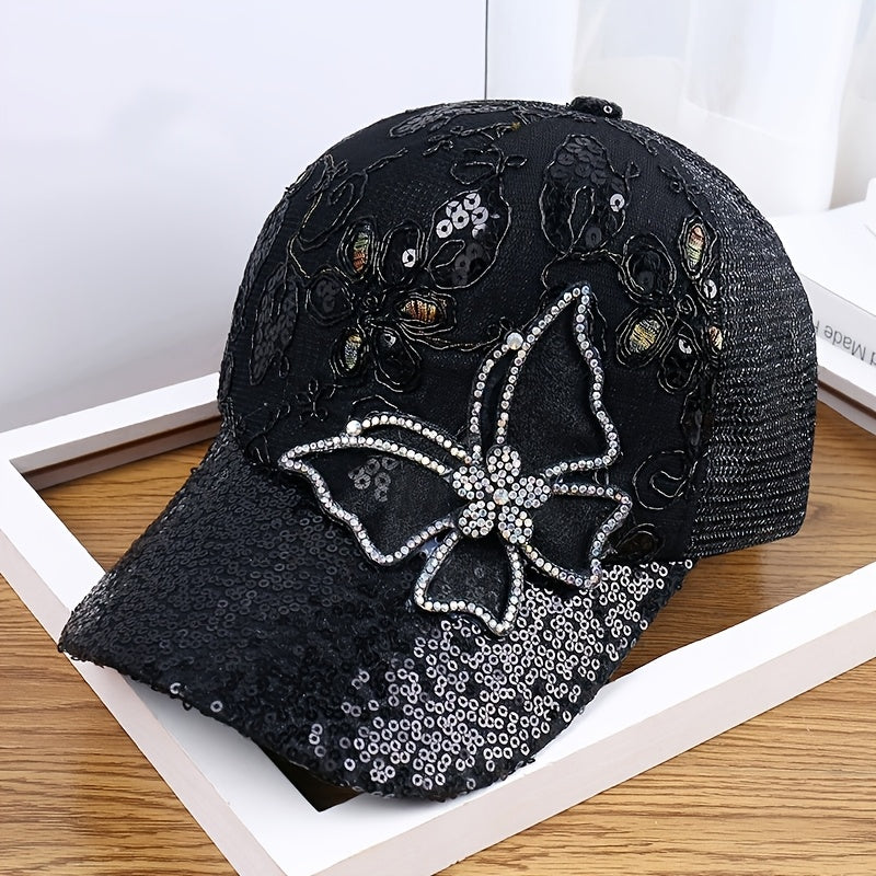 Women's Adjustable Breathable Baseball Cap with Sequin Butterfly