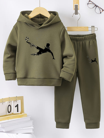 Autumn and Winter Fashion New 'asual Sporty Style Football Print Fleece-Lined Hoodie and Sweatpants Set, Suitable for Outdoor Activities, Casual Wear, Sports Apparel, Trendy Sportswear, Sporty Design, Warm Fabric, Soft Textur