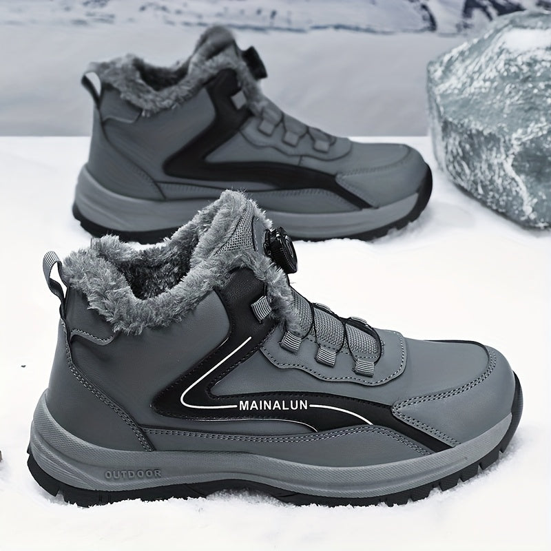 MAINALUN Men's Heavy-Duty Winter Snow Boots with Rotating Buckle Closure, PU Upper & PVC Sole - Thick Plush Lining, Warm Short Ankle Boots for Ice, Snow, Slush, Work, Outdoor (Adjustable Strap, Fit)