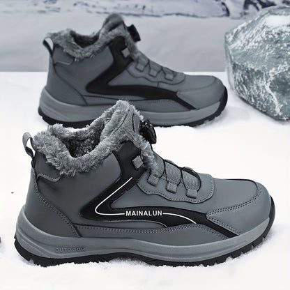 MAINALUN Men's Heavy-Duty Winter Snow Boots with Rotating Buckle Closure, PU Upper & PVC Sole - Thick Plush Lining, Warm Short Ankle Boots for Ice, Snow, Slush, Work, Outdoor (Adjustable Strap, Fit)