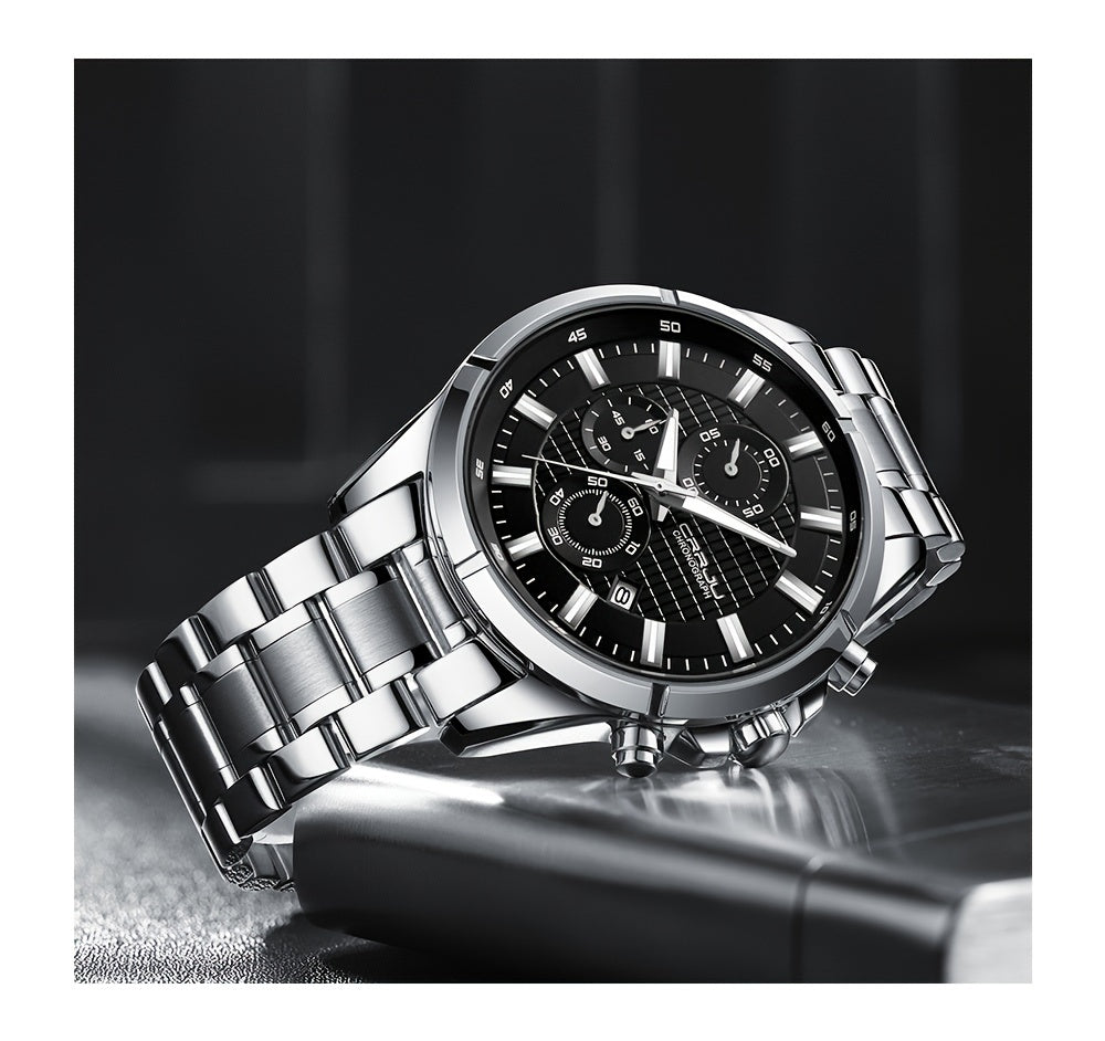 CRRJU Fashion Men's Watch, Business Solid Stainless Steel Multifunctional Chronograph Watch