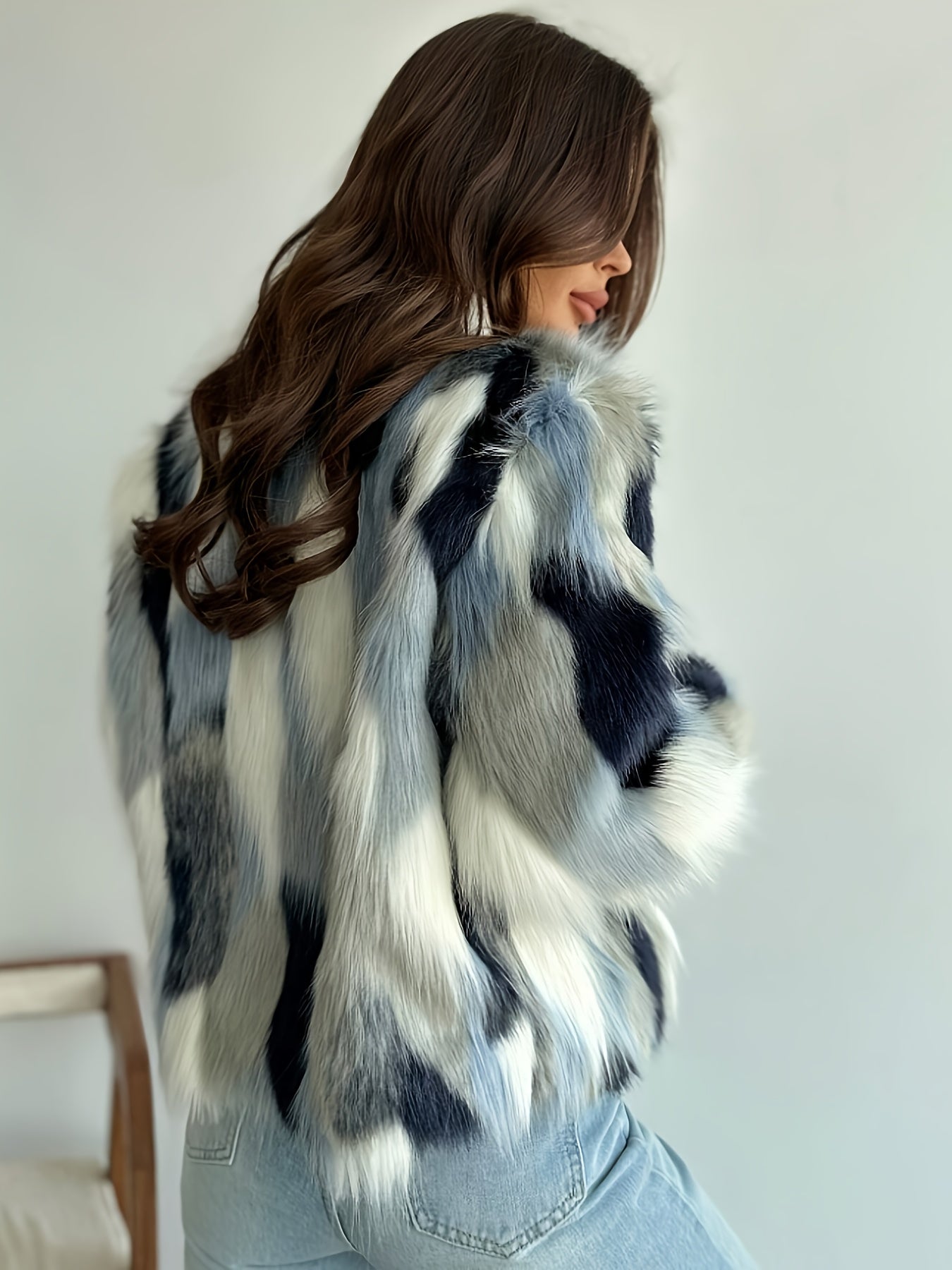 Women's Elegant Tie-Dye Faux Fur Coat - Plush Warm Winter Outerwear with Blue Black White Grey Pattern, Machine Washable Fall Winter Fashion Coat for Casual & Formal Outfits, Winter Coat, Open Front Design, Soft Texture