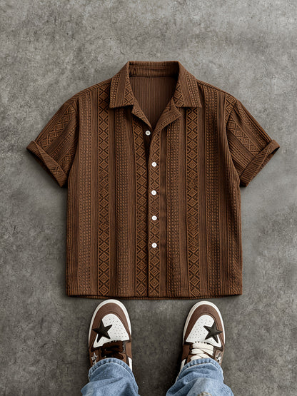 Men's Summer Lapel Shirt & Shorts Set with 3D Diamond Texture