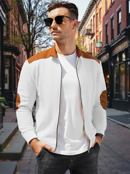 Men'S Long Sleeve Patchwork Fashion Warm Jacket, Corduroy Long Sleeve Warm Coat with Zipper Stand Collar Long Sleeve Casual Comfortable Autumn and Winter Style