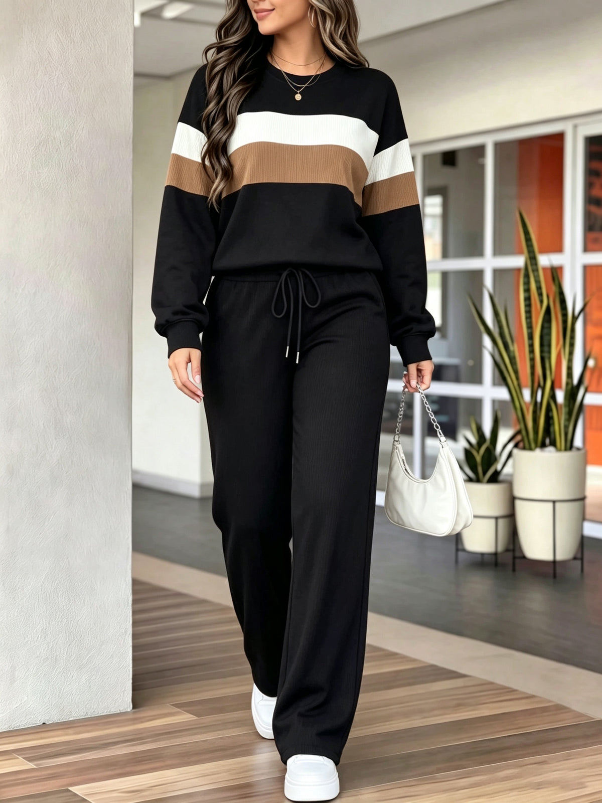 Women's Elegant Casual Polyester Patchwork Sweatpants Set - ayq