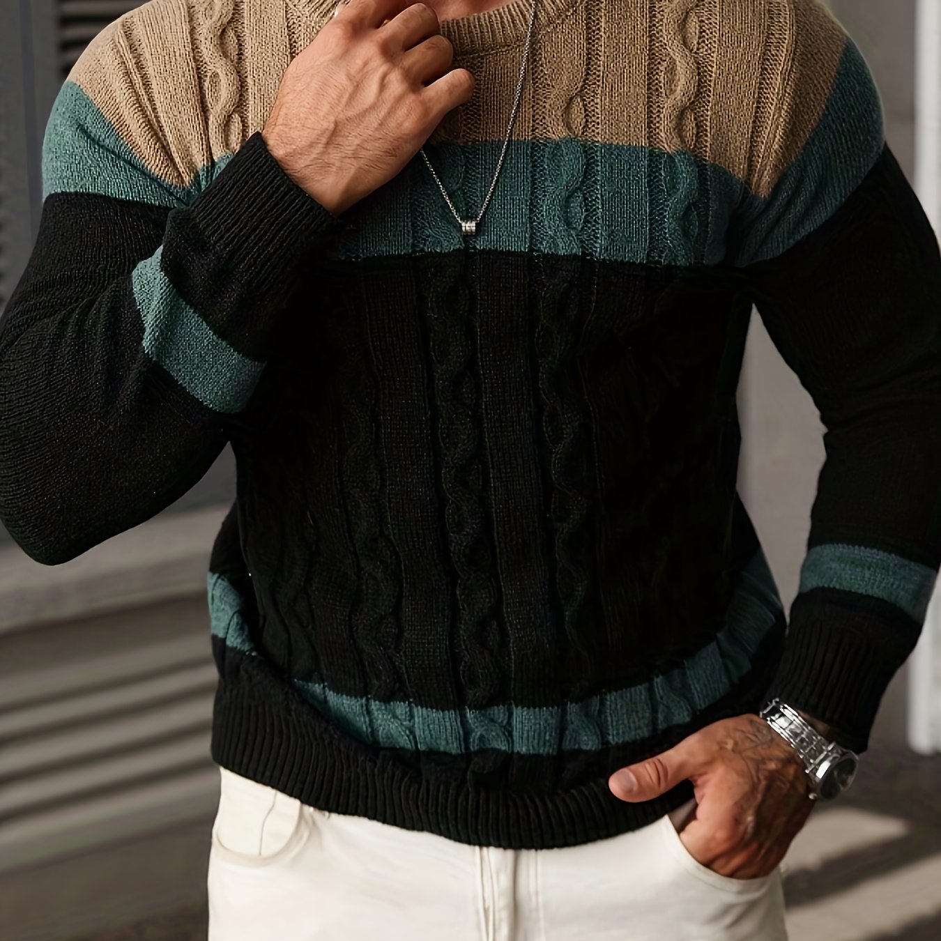 Տղամարդկանց աշուն/ձմեռ առօրյա գունային բլոկներով տրիկոտաժե պուլովեր սվիտեր