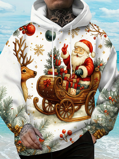 Men'S Plus Size 3D High-Definition Christmas Hooded Sweatshirt - Santa Claus & Reindeer Print, Loose Fit Winter Warmth, All-Season Casual Pullover with Pockets, Christmas Sweatshirt, Festive Clothing, Holiday Apparel, Holiday