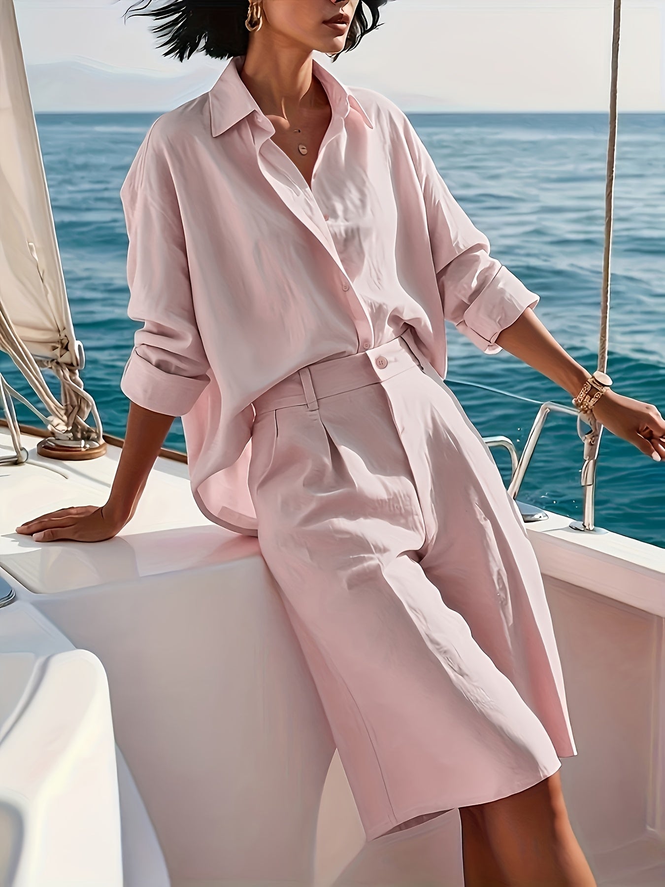 Women's Casual Polyester Button-Down Shirt & Shorts Set