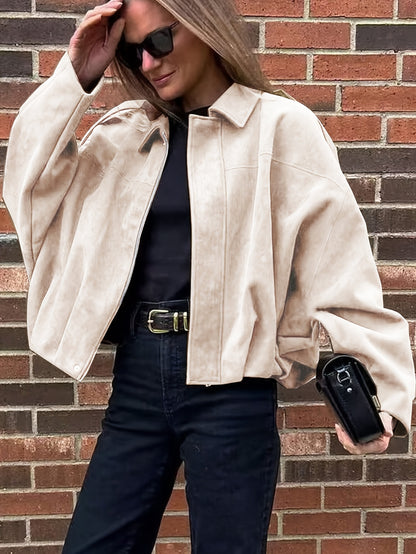 Կանացի վինտաժային բոմբեր բաճկոն - ազատ չափի երկար թևքով, կայծակաճարմանդով և իջեցված ուսերով, շագանակագույն առօրյա վերնազգեստ աշուն/ձմեռ համար, չձգվող գործվածք, իդեալական է առօրյա հագուստի համար, աշուն-ձմեռ բաճկոն | Վինտաժային բոմբեր ոճ | Zipp