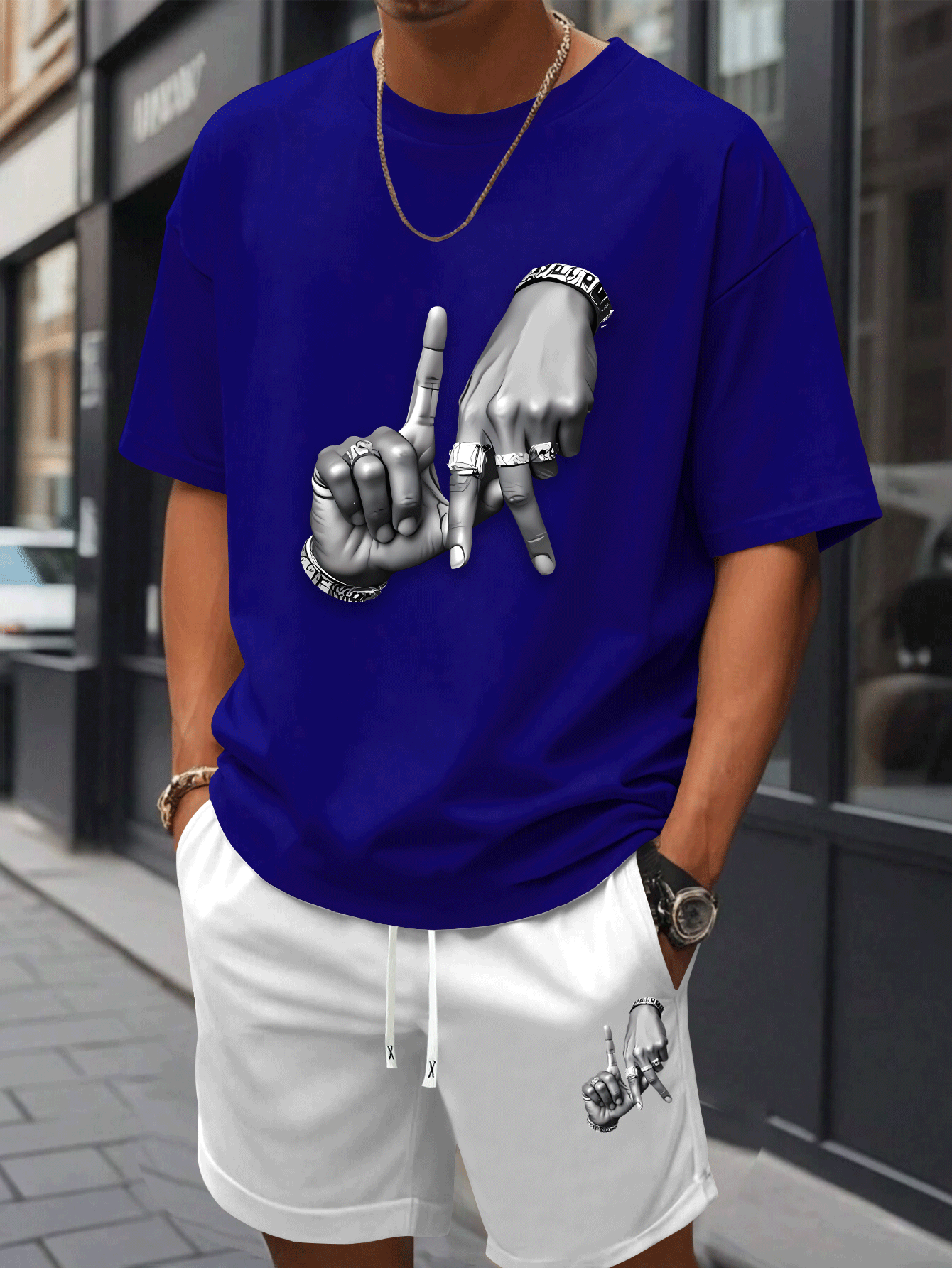 New Summer Men's Printed 2pcs Fashion Casual Suit, Round Neck Short Sleeve T-shirt and Waistband Shorts Set