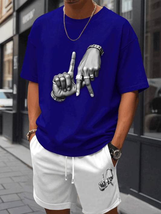 New Summer Men's Printed 2pcs Fashion Casual Suit, Round Neck Short Sleeve T-shirt and Waistband Shorts Set