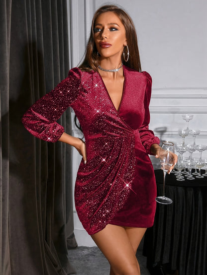 Women's Sparkling Sequin Bodycon Dress with -Neck Puff Sleeve & Wrap Hem - Shimmery Party Dress Suitable for Christmas, New Year's Eve, Valentine's Day - Elegant Machine-Washable Outfit
