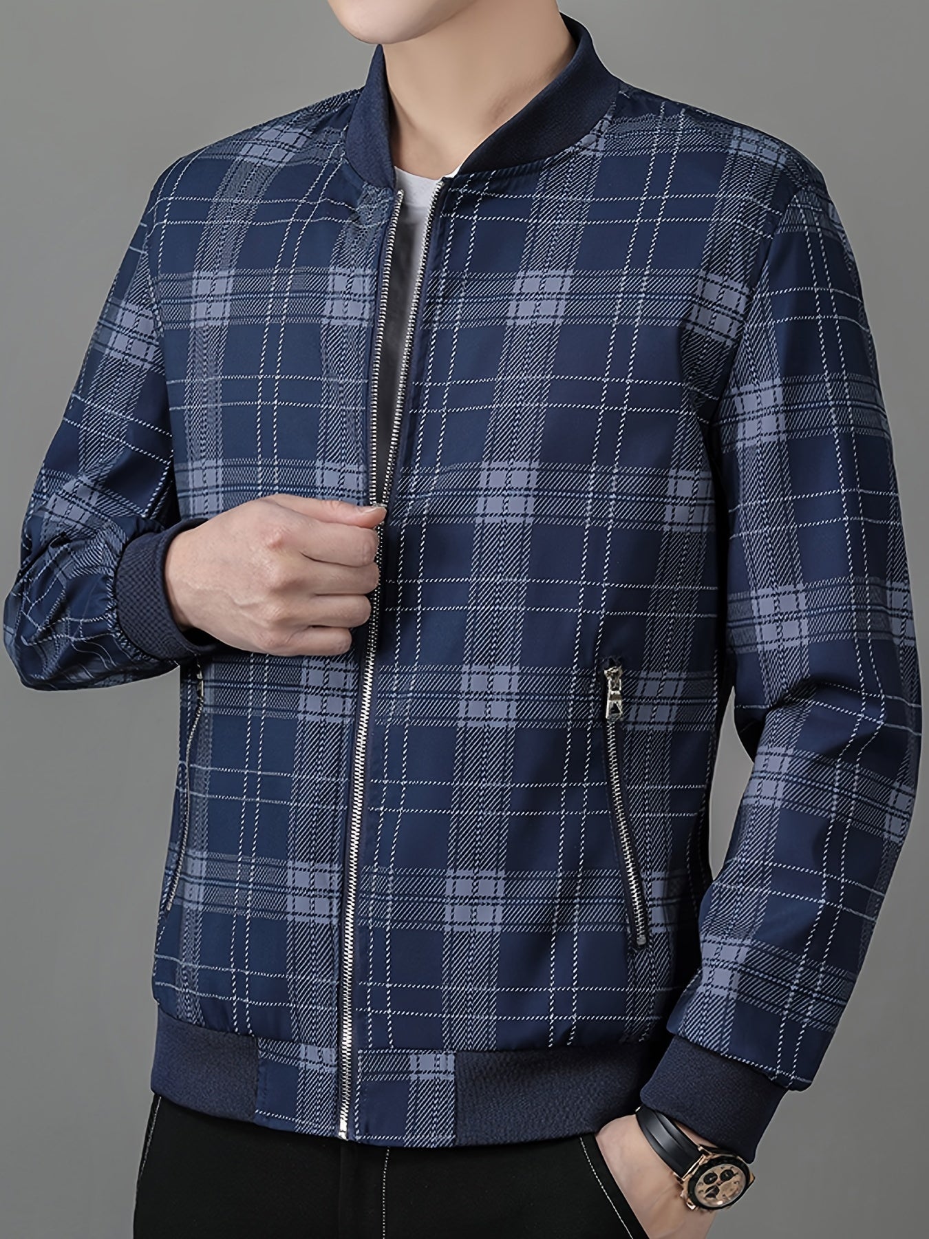 Men's Lightweight Baseball Jacket - Navy Blue & Black Plaid Zip-Up Coat, Non-Stretch Fabric for Formal & Casual Outfits - Spring/Fall Outerwear Jacket, Outdoor Wear, Classic Collar, Quality Stitching, Stylish Coat, Fashioncon