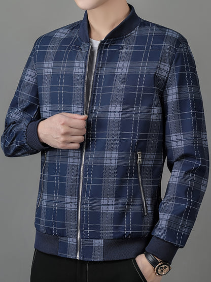 Men's Lightweight Baseball Jacket - Navy Blue & Black Plaid Zip-Up Coat, Non-Stretch Fabric for Formal & Casual Outfits - Spring/Fall Outerwear Jacket, Outdoor Wear, Classic Collar, Quality Stitching, Stylish Coat, Fashioncon