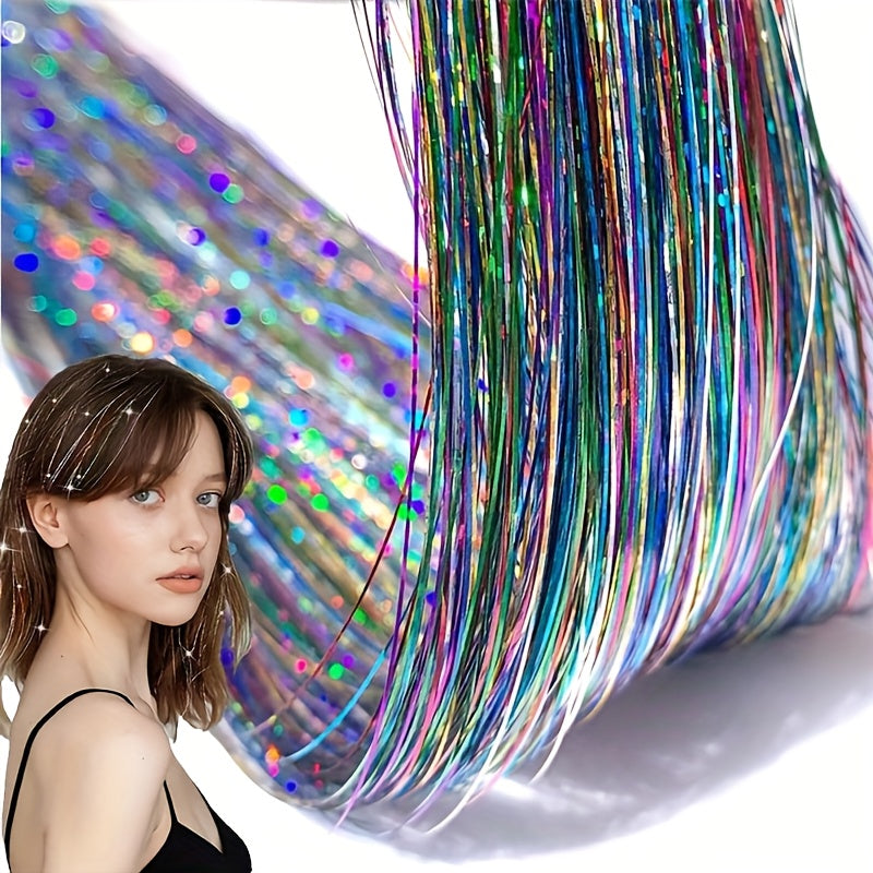 60.96cm Glitter Hair Tinsel Extensions Clips - Heat-Resistant Shiny Fairy Hair Accessories for Women, Vibrant Multicolor Strands, Perfect for Christmas Gifts & All Ages, Festive Hairpiece, Festive Hairpiece | Vibrant Hairpiec