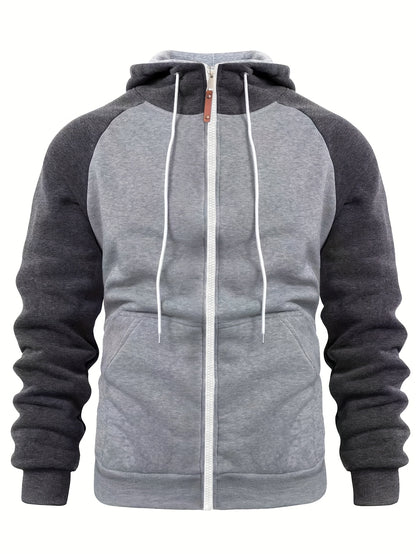 Տղամարդու ոճային գունային բլոկներով վերնաշապիկ՝ առօրյա, կայծակաճարմանդով և գլխարկով սվիտեր՝ առջևի գրպաններով, երկար թևքերով և երիզներով՝ շագանակագույն և սև դիզայնով, հարմարավետ աշնանային և ձմեռային հագուստի համար։