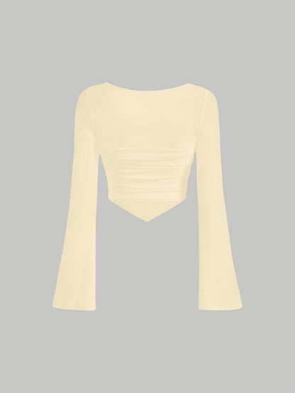 Women'S Elegant Square Neck Solid Color T-Shirt, Polyester Knit Fabric, Short Length, Stretchy Slim Fit, Spring/Fall Fashion Top