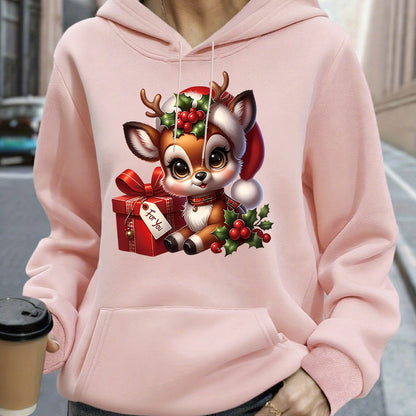 Women's Christmas Deer & Reindeer Print Hoodie - Cozy Winter Pullover Sweatshirt with Cute Deer Headband-Like Hood, Slim-Fit Casual Jacket for Holiday Parties, Xmas Outfits & Cold Weather (Machine Washable), Fall Clothes For