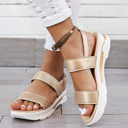 Women's Summer Plain Color Wedge Sandals, Casual Open-Toe Simple Thick Sole Beach Shoes with Comfortable Ankle Strap Wedges