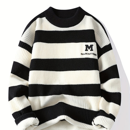 Տղամարդկանց 2025 թվականի աշուն/ձմեռ գծավոր երիտասարդական սվիտեր՝ գունային բլոկով, կլոր վզնոցով, ամենօրյա տաք տրիկոտաժով