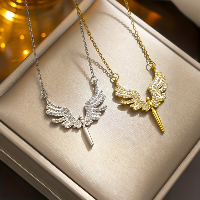 Glamorous Copper Angel Wings Pendant with Synthetic Zirconia