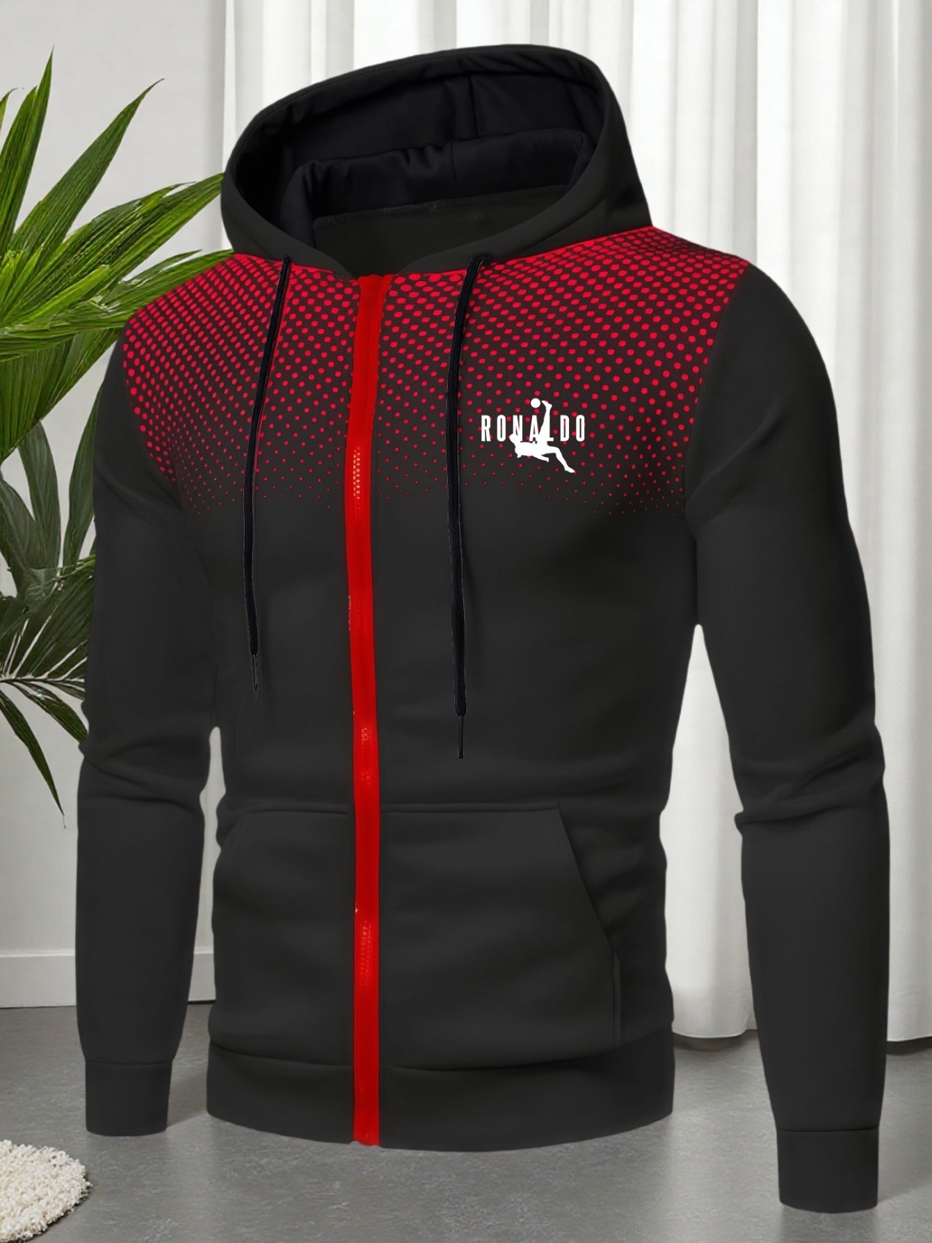 Men's Red Hooded Zip-Up Jacket with Logo Patch Pocket - Logo Personalization, Full-Zip Front Closure, Hooded Collar & Black Zipper - Casual Sportswear Winter Coat for Gym,, Streetwear () - Logo Printing Service, Mens Clothes,