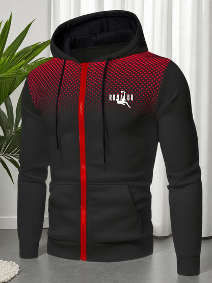 Men's Red Hooded Zip-Up Jacket with Logo Patch Pocket - Logo Personalization, Full-Zip Front Closure, Hooded Collar & Black Zipper - Casual Sportswear Winter Coat for Gym,, Streetwear () - Logo Printing Service, Mens Clothes,