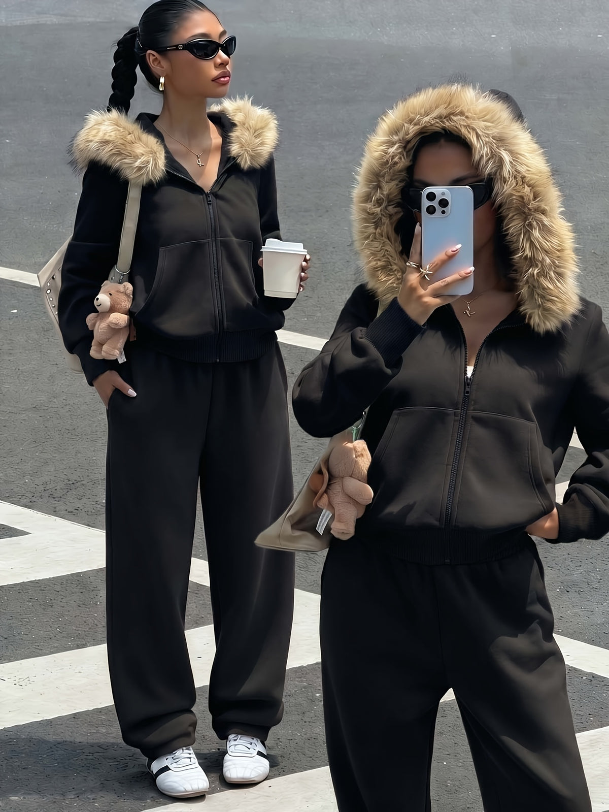 Women's Casual Polyester Hoodie & Wide-Leg Pants Set - ayq