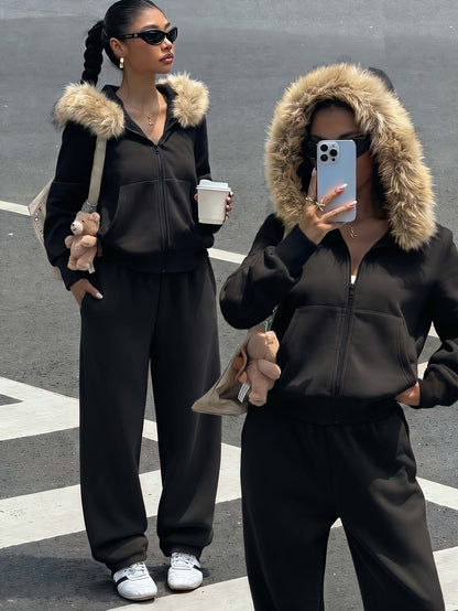 Women's Casual Polyester Hoodie & Wide-Leg Pants Set - ayq