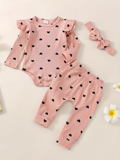 3pcs Baby Girl Outfit Set, Cute Ribbed Ruffle Long Sleeve Romper & Pants, 95% Cotton 5% Spandex, Crew Neck Pullovers, Solid Color, Regular Fit, No Belt, Fall/Winter Knit Fabric, 0-18 Months, for Outdoor
