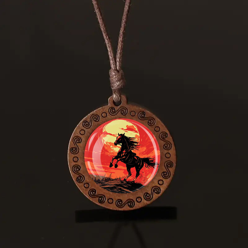 Red Moon Galloping Horse Wooden Pendant Necklace - Bohemian Style Adjustable Cord, Natural Wood Unisex Jewelry for Casual Attire & Holiday Gifts
