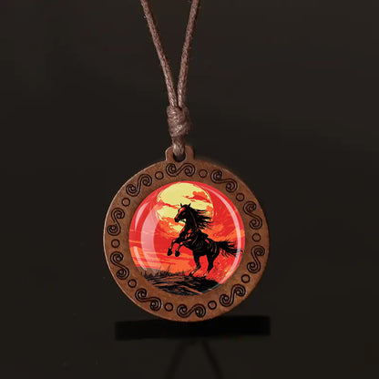 Red Moon Galloping Horse Wooden Pendant Necklace - Bohemian Style Adjustable Cord, Natural Wood Unisex Jewelry for Casual Attire & Holiday Gifts