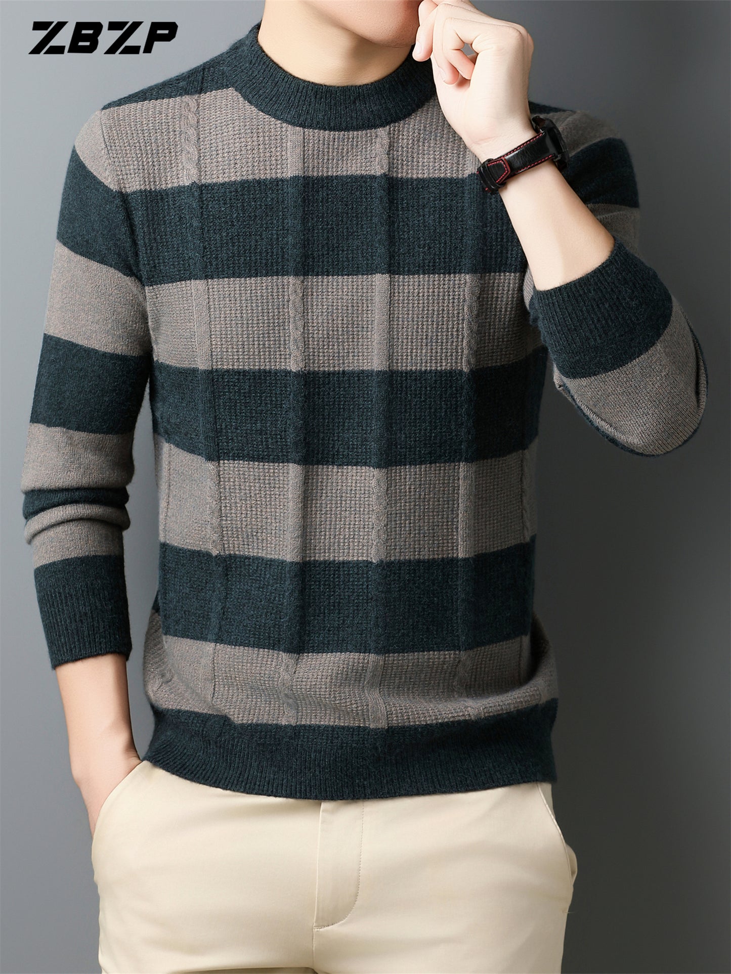 ZBZP Men'S Casual Striped Knit Sweater - Dark Gray & White Horizontal Stripes, Round Neck Long Sleeve, Regular Fit, Autumn Winter Warm Pullover for Casual Attire, Knit Sweater, Comfortable Fashion, Soft Texture, Cold Weather