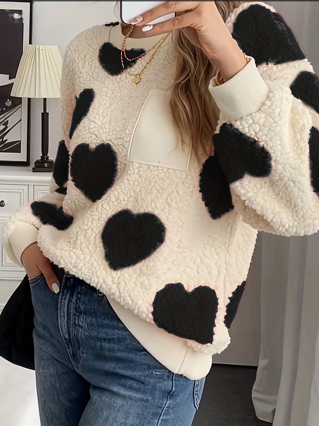 Women'S Plush Heart Sweater - Soft & Heart Pattern Sweater with Heart Cutouts, Cozy Winter Sweater for Fall & Winter