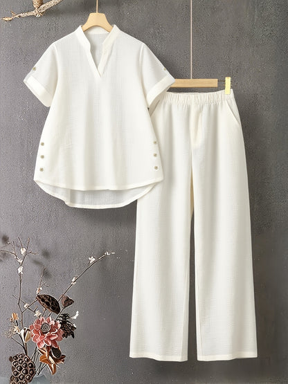 Women's Casual V-Neck Top & Elastic Waist Pants Set