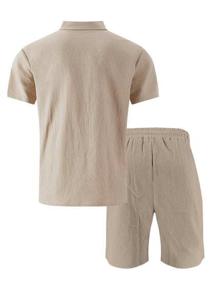 Men's Casual Linen Polo Shirt & Loose Shorts Set for Summer