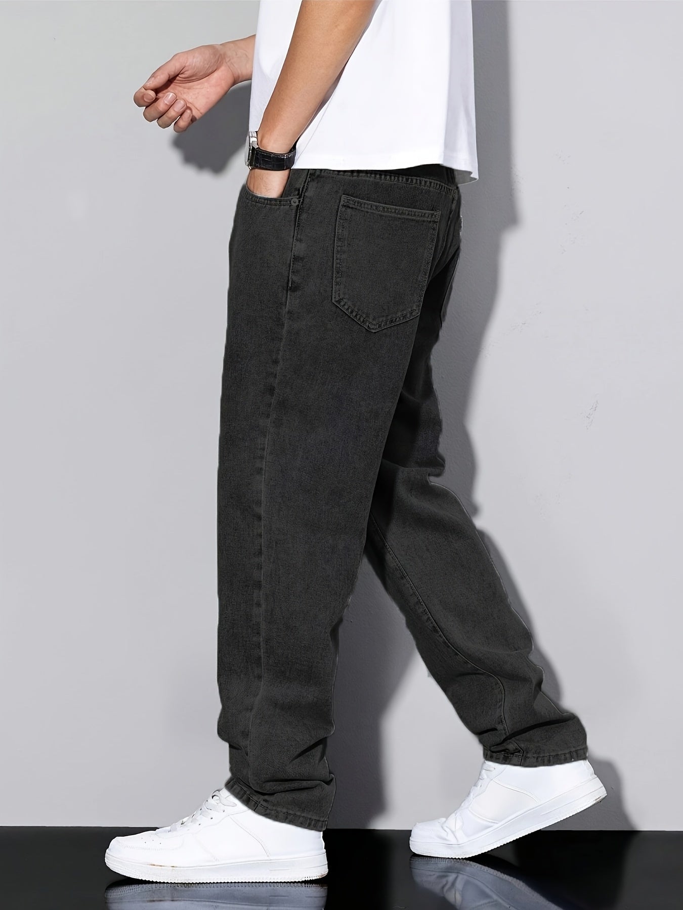 Men's Classic Straight Leg Denim Jeans - Loose Fit, Cotton Blend, Solid Color Black, Street Style, Comfortable & Versatile for All Seasons, Casual Streetwear|Street Style Pants|Nonstretch Fabric