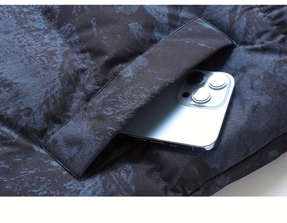 Men's Winter Jacket Windproof Coat with Stand Collar & Camo Marbled Pattern (Black/White/Grey) - Thickened Padded, Full-Zip Closure, for Skiing,, Outdoor Activities - Cold Weather Survival