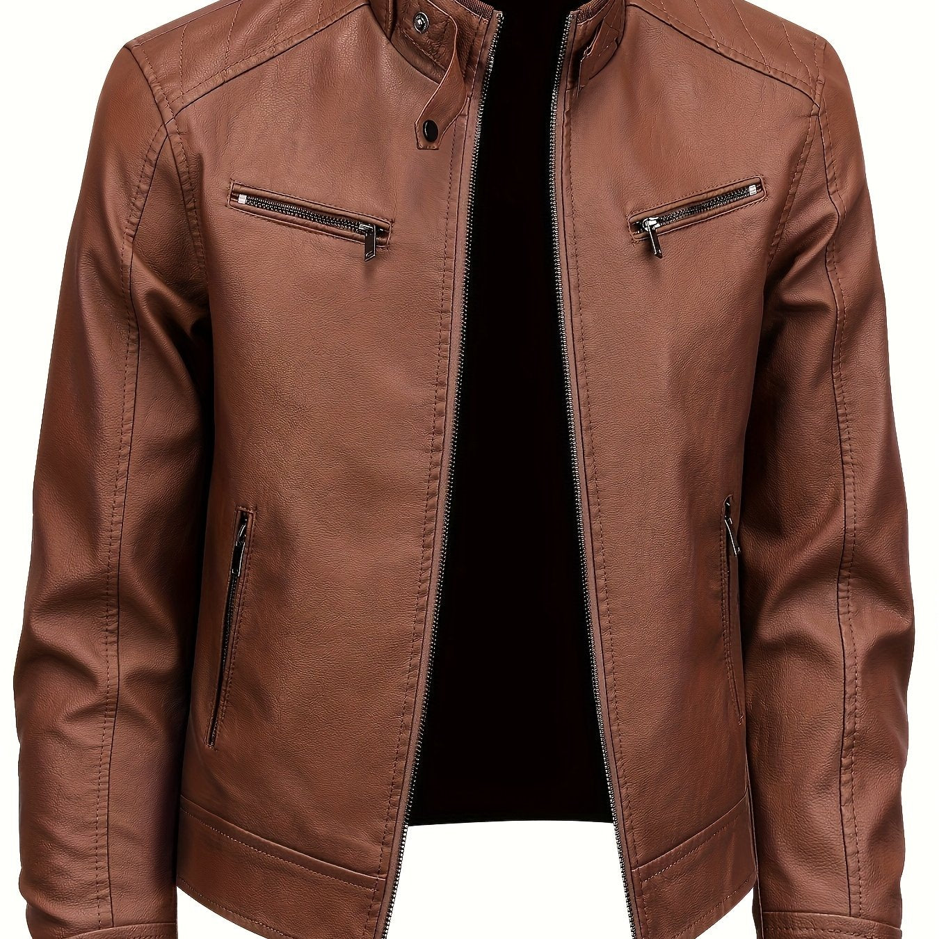 Men's Stylish Burgundy Jacket - Fall/Winter Trendy Stand Collar Biker Jacket with Multiple Zippered Pockets, Casual Design for Casual Attire, Fall Jacket | Modern Casual Jacket | Glossy Finish Jacket - ayq