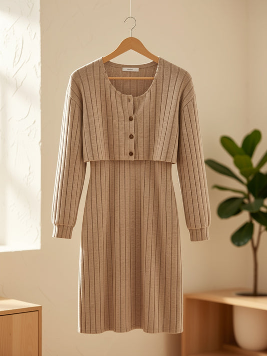 Elegant Fall/Winter Long Sleeve Cardigan and Dress Set