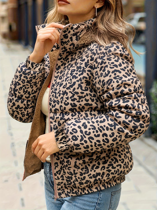 Women'S Cozy Leopard Print Hooded Jacket - Thick Warm Winter Coat with Zipper Closure, Casual Long Sleeve Outerwear for Fall & Winter, Brown & Black Animal Print Design, Cozy Fall Wear | Leopard Print Jacket | Zippered Jacket
