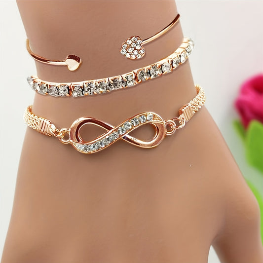 3pcs Vintage Elegant Rhinestone Bracelet Set, Adjustable Heart & Infinity Symbol Bangle, Women'S Alloy Open Cuff, Daily & Gift Occasion, All-Season Jewelry Collection