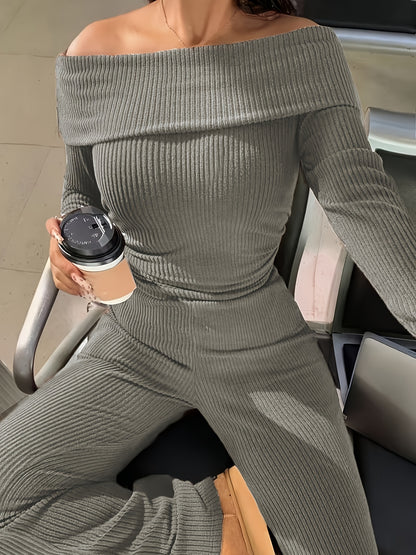 Autumn And Winter Solid Color Two-Piece Set, Sexy Off-The-Shoulder Top + Wide-Leg Flared Pants Suit, Elastic And Soft Ribbed Fabric, Machine Washable