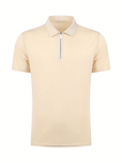 [Golf Apparel] Men's Classic White Shirt - Casual Summer Style with Short Sleeves, Zipper Collar, and Stretch Polyester Fabric - Perfect for Streetwear & Golf
