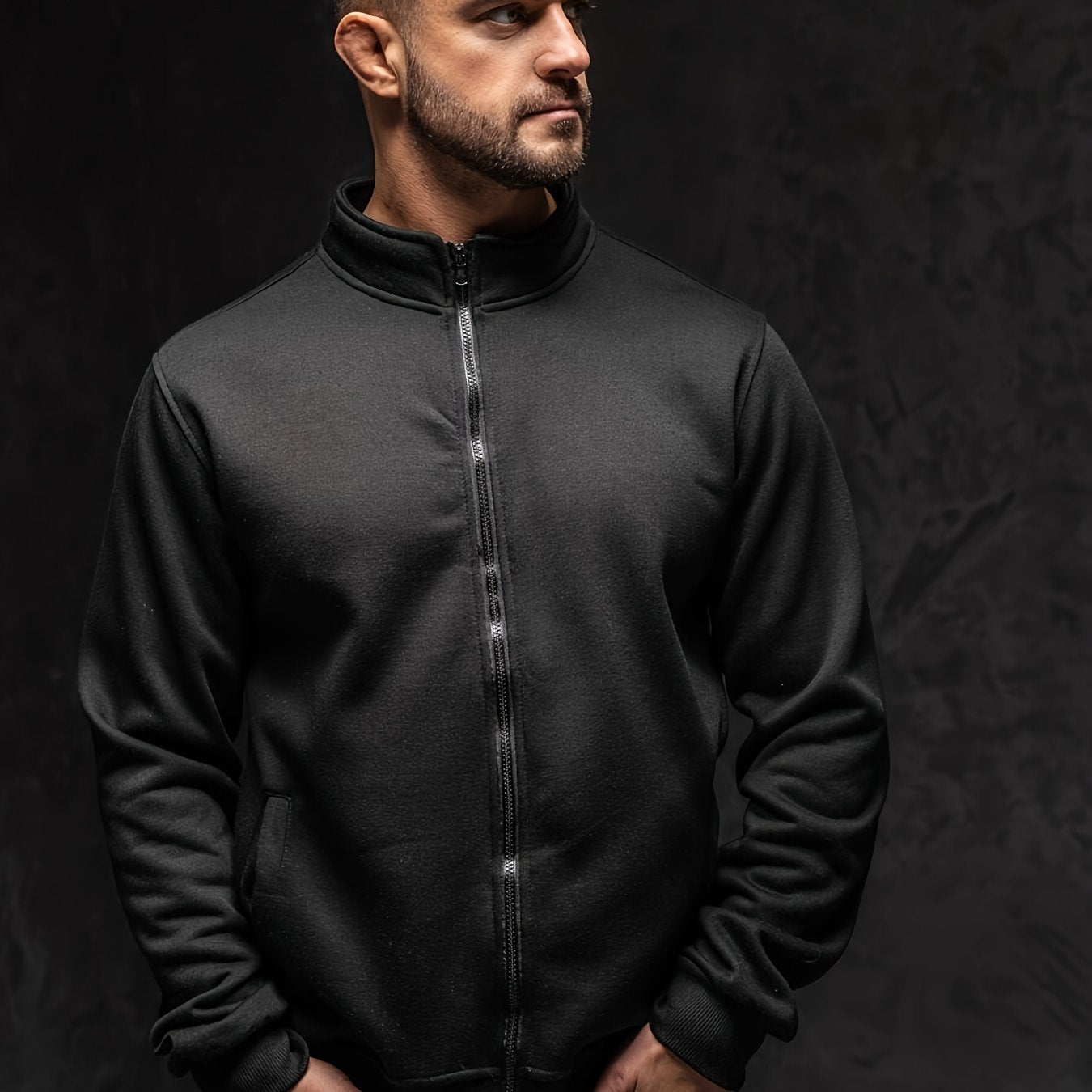 Men's Full-Zip Stand Collar Athletic Jacket - Soft Brushed Interior, Long Sleeve Casual Zippered Sweatshirt, Regular Fit Gym-to-Streetwear, Easy-Care (Hand Wash/Dry Clean) Solid Color Men's Outerwear