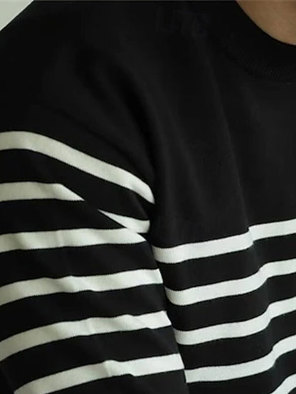 Single-Pack Men's Striped Crewneck Sweater - Classic Casual Striped Knitwear in Black and White, Ultra-Soft Premium Knit Fabric, Suitable for Daily Fashion, Casual and Urban Style