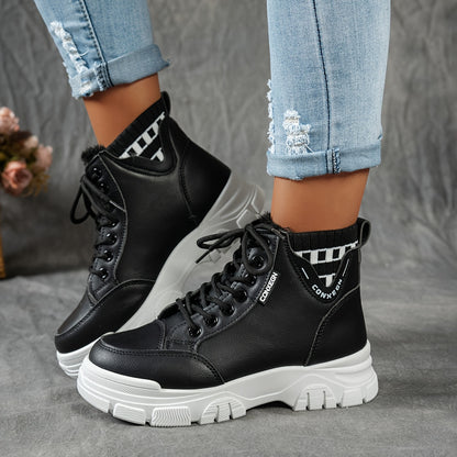gfhfgjjfg Women's Casual High-Top Platform Ankle Boots with Lace-Up Closure, Thick Rubber Sole & Faux Cover Upper - Winter Warm Round Toe Boots for Casual Attire (Black/White/Beige), Comfortable Footwear, Durable Traction Foo