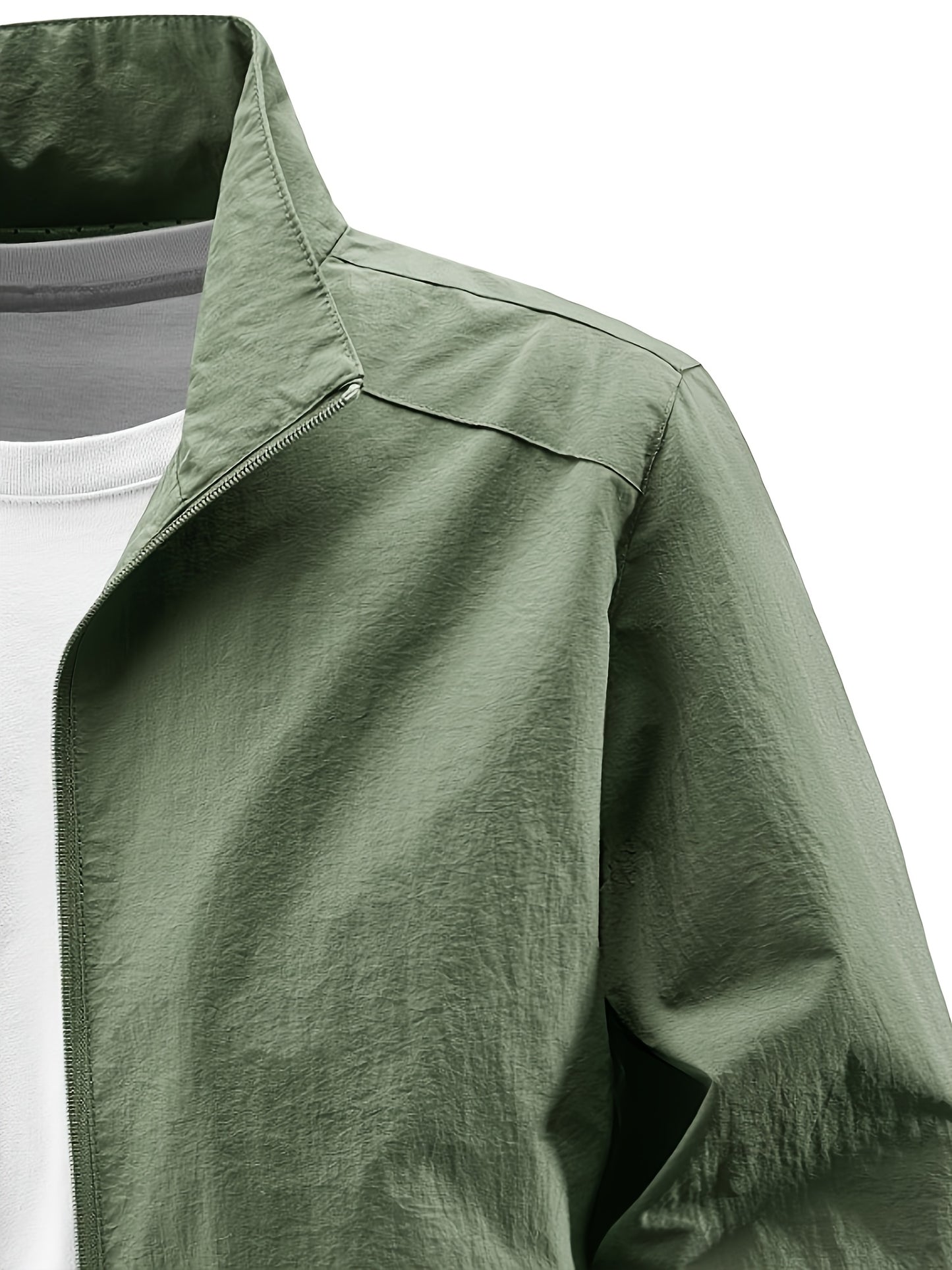 Տղամարդու ձիթապտղի կանաչ բոմբեր բաճկոն՝ կանգնած օձիքով - ամենօրյա, հարմարավետ, կայծակաճարմանդով վերնազգեստ՝ բացօթյա գործունեության համար, ամենօրյա հագուստ | Կանգնած օձիքով բաճկոն | Կայծակաճարմանդով բաճկոն