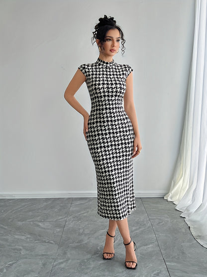 Էլեգանտ Houndstooth Color Block Bodycon զգեստ՝ կլոր վզով, պոլիեսթեր, լվացվող մեքենայում՝ կատարյալ երեկույթների և երեկոյան միջոցառումների համար