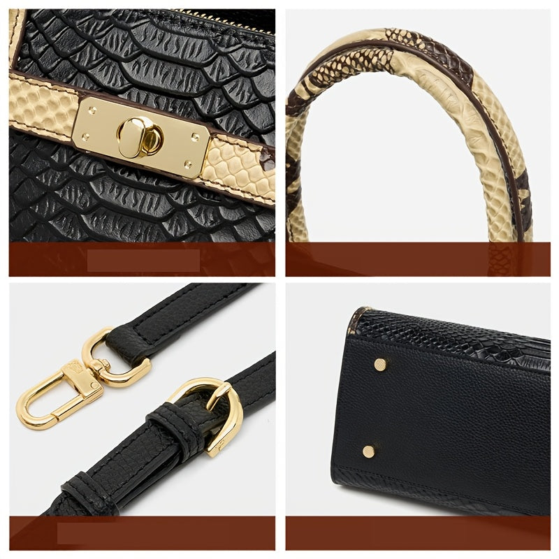 Women's Genuine Leather Snake Print Crossbody Bag - Elegant Tote